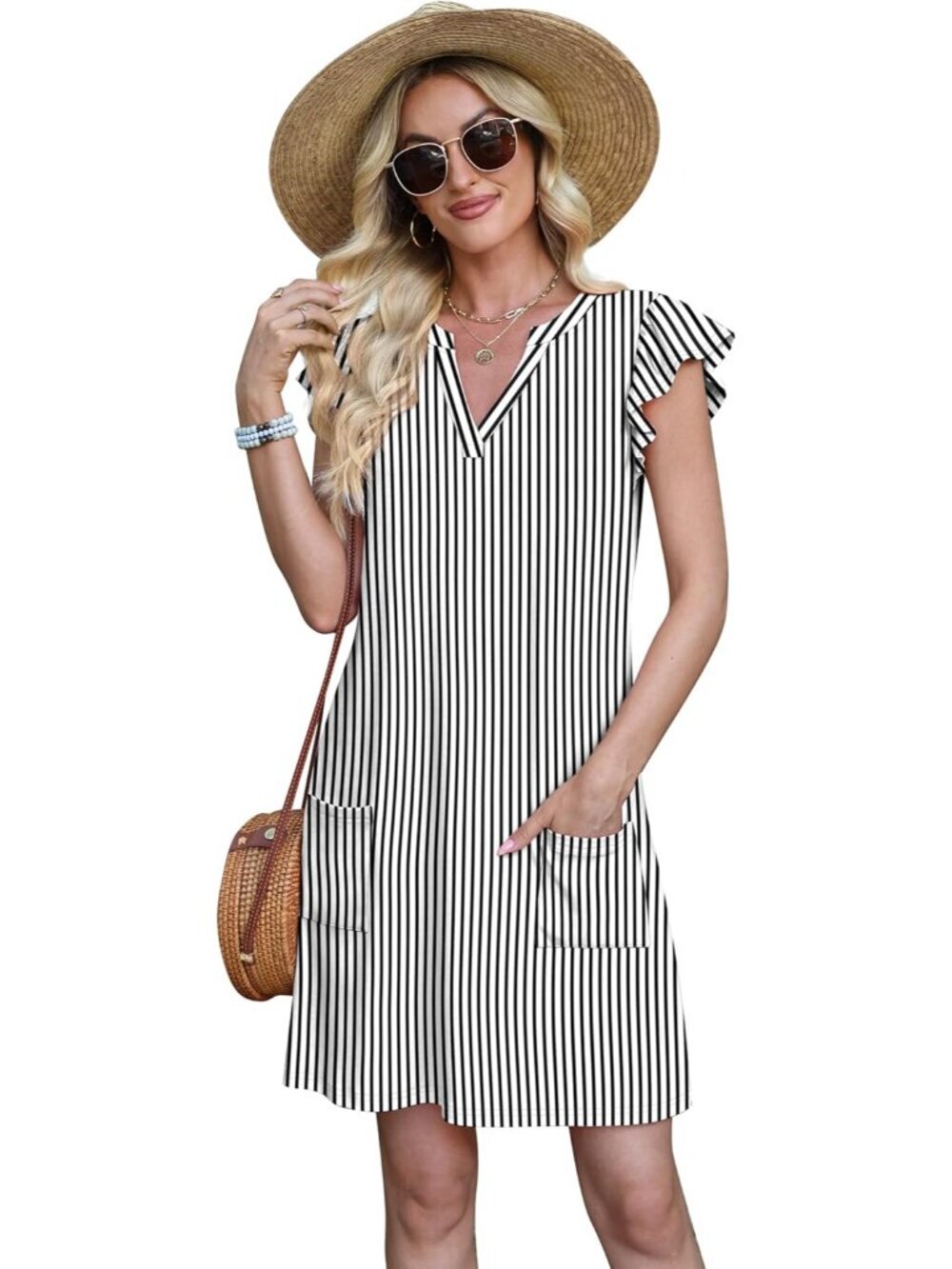 Spring Summer Dresses for Women 2026 Casual Ruffle Sleeve V Neck Loose Swing Sun - Picture 3 of 5